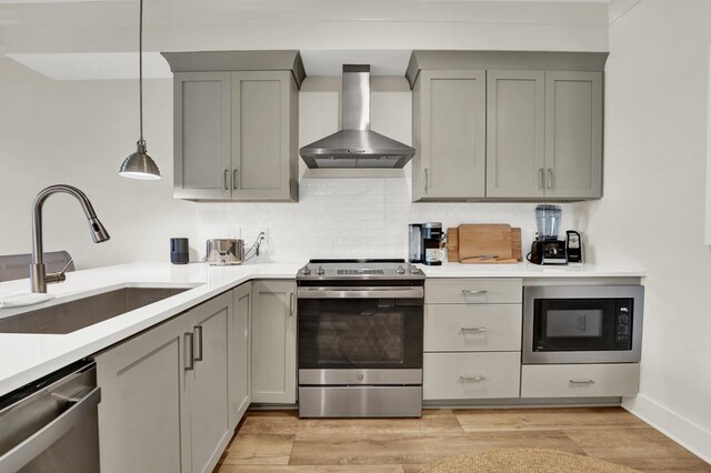 179 S County Highway 393 # 324, Santa Rosa Beach, FL 32459 - kitchen with wall chimney exhaust hood, appliances with stainless steel finishes, gray cabinetry, and a sink