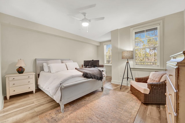 bedroom with ceiling fan and light wood-type flooring