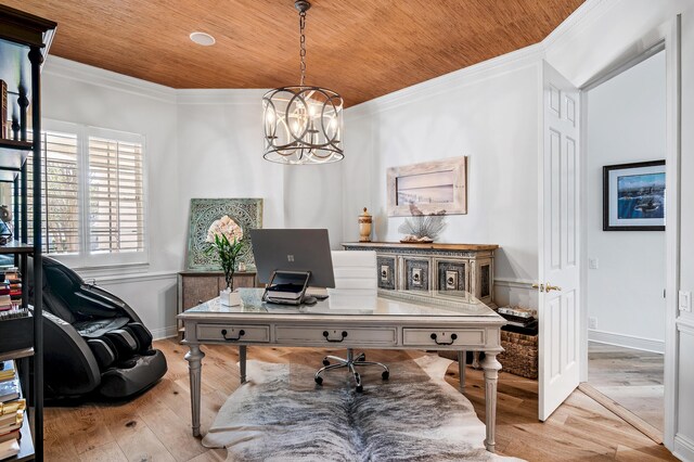 home office with a chandelier, light wood-type flooring, crown molding, and wooden ceiling