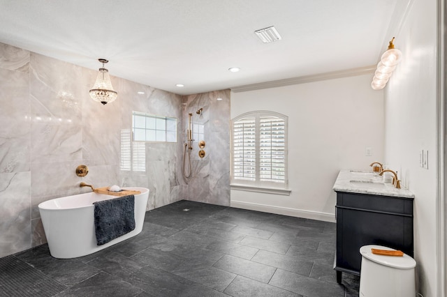 bathroom with vanity, plus walk in shower, ornamental molding, and a wealth of natural light