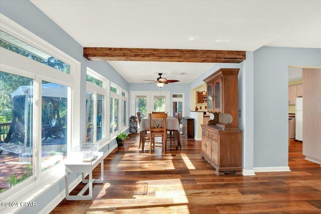 sunroom featuring vaulted ceiling with beams, ceiling fan, and french doors