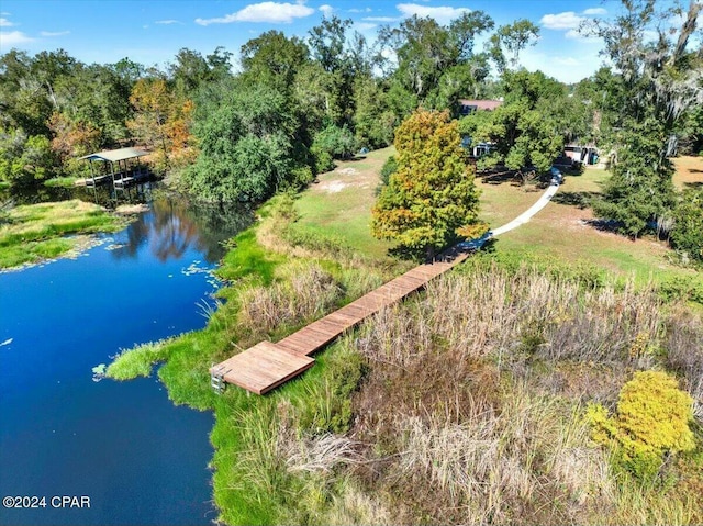 aerial view featuring a water view