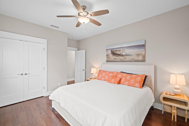 bedroom featuring ceiling fan, a closet, and dark wood-type flooring