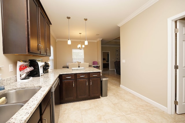 kitchen with light stone counters, dishwasher, pendant lighting, and ornamental molding