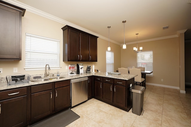 kitchen with dishwasher, crown molding, kitchen peninsula, and sink