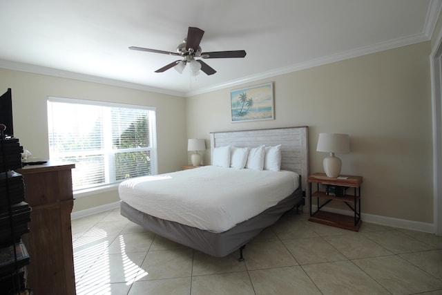 tiled bedroom featuring ceiling fan and crown molding