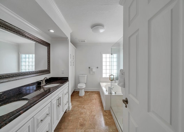 bathroom with ornamental molding, vanity, toilet, and a bathing tub