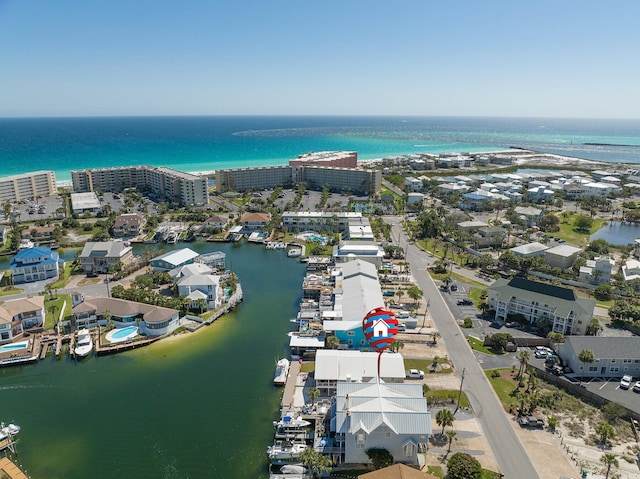 drone / aerial view featuring a water view