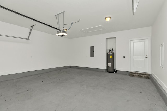 garage featuring electric water heater, electric panel, and a garage door opener