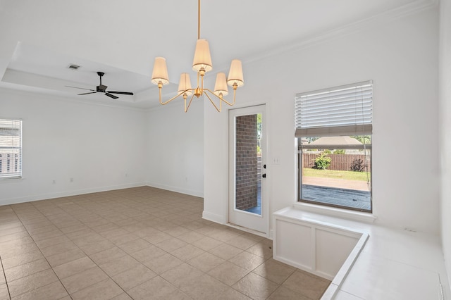 interior space featuring ceiling fan with notable chandelier, light tile patterned floors, crown molding, and a wealth of natural light