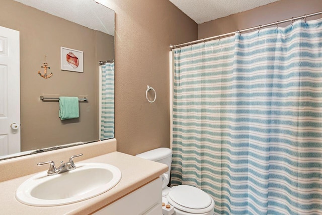 9761 Leeward Way, Navarre, FL 32566 - bathroom featuring a textured ceiling, toilet, vanity, a textured wall, and a shower with curtain