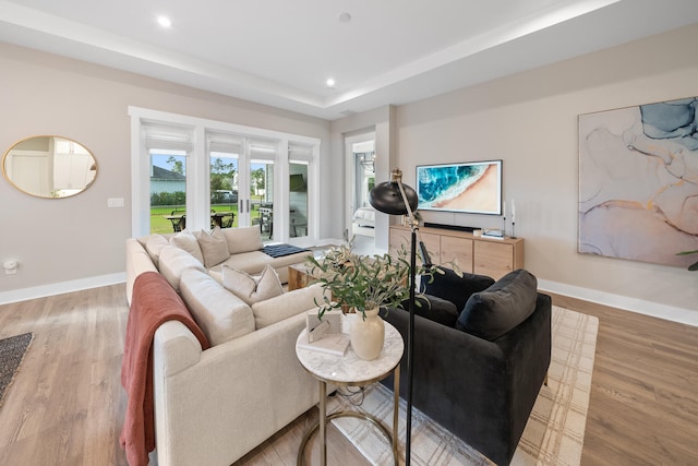 living room featuring a raised ceiling and light hardwood / wood-style flooring