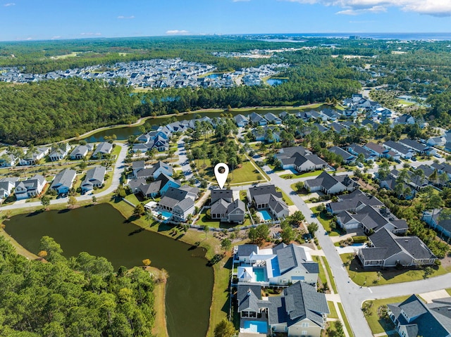 drone / aerial view featuring a water view