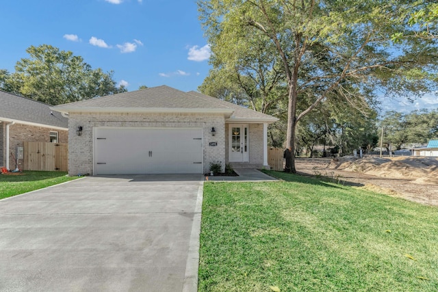 ranch-style home with brick siding, fence, a garage, driveway, and a front lawn