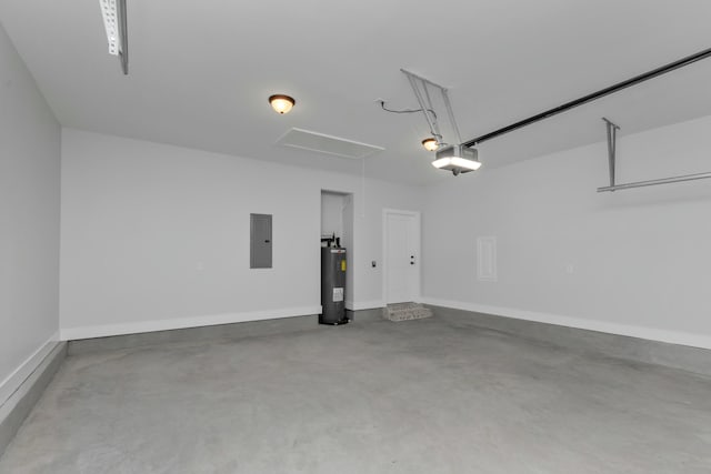 garage featuring electric panel, a garage door opener, and water heater