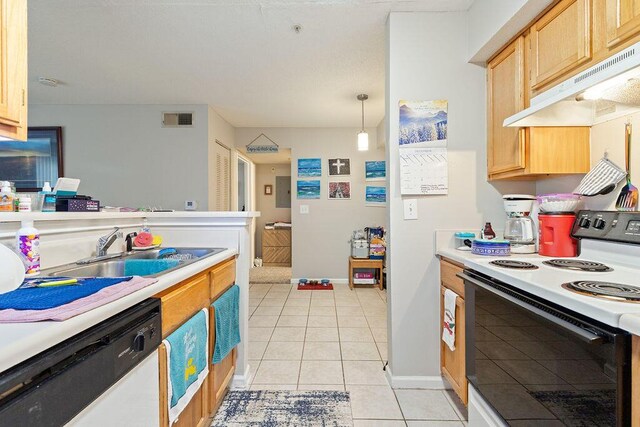 kitchen with pendant lighting, white appliances, sink, light tile patterned floors, and extractor fan