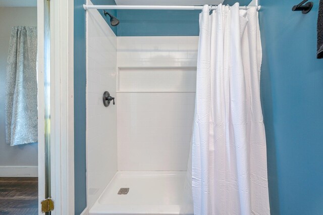 bathroom with a shower with curtain and hardwood / wood-style flooring