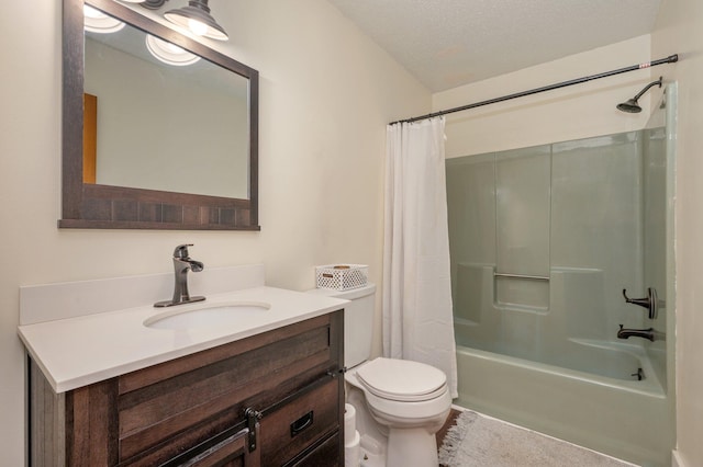 full bathroom with vanity, shower / bath combination with curtain, a textured ceiling, and toilet