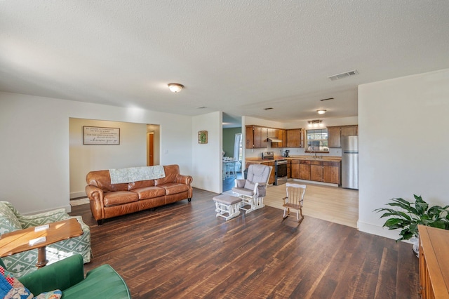 living room with sink, dark wood-type flooring, and a textured ceiling