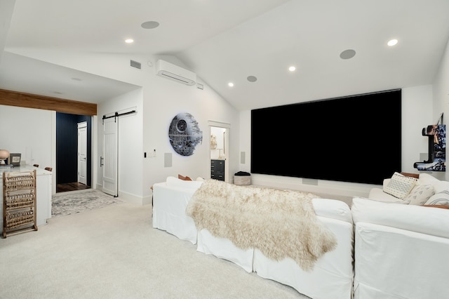 living room featuring a wall unit AC, a barn door, carpet floors, and lofted ceiling