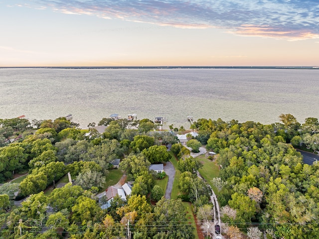 aerial view at dusk featuring a water view