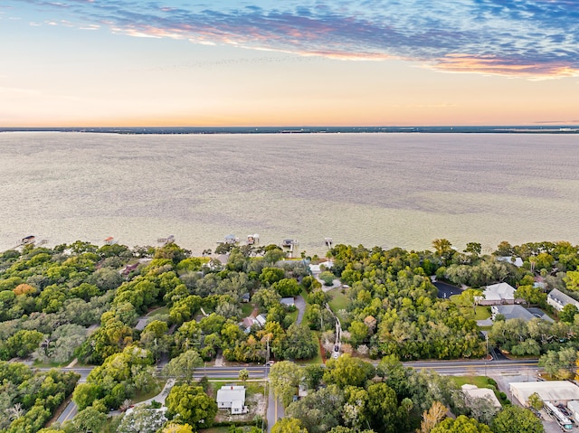 aerial view at dusk featuring a water view