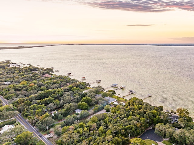 aerial view at dusk featuring a water view