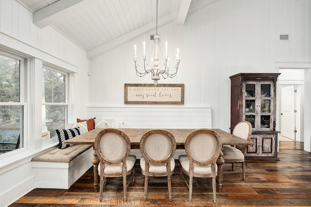 dining room with vaulted ceiling with beams, wooden walls, a chandelier, and dark hardwood / wood-style floors