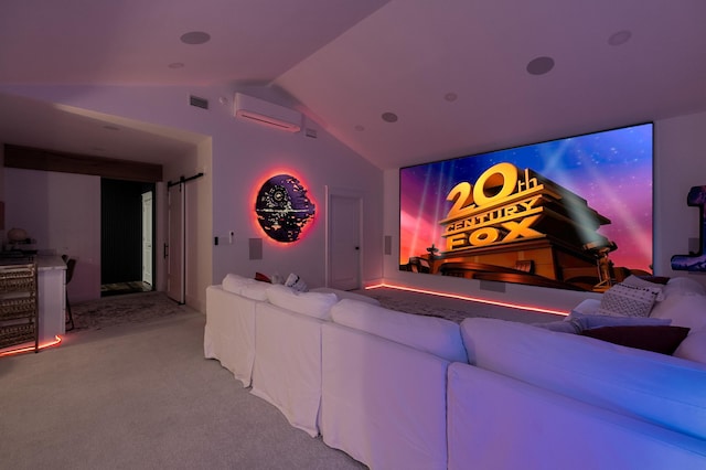 carpeted home theater featuring a wall unit AC and vaulted ceiling