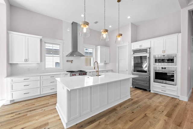 kitchen with white cabinetry, sink, stainless steel appliances, wall chimney range hood, and a center island with sink