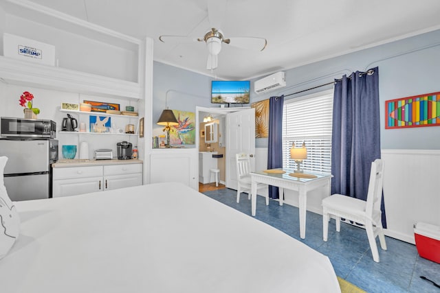 bedroom with ceiling fan, stainless steel fridge, and an AC wall unit