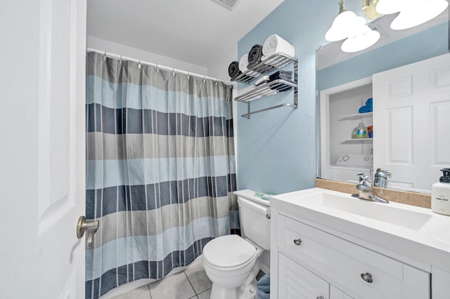 bathroom with tile patterned flooring, vanity, toilet, and a shower with shower curtain