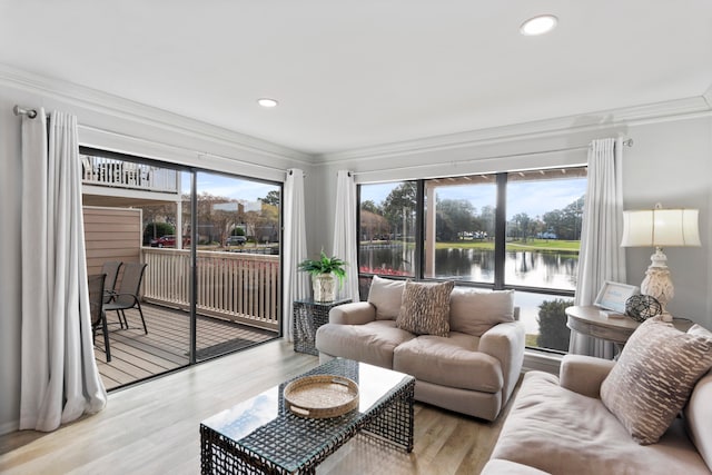 living room featuring a wealth of natural light, light hardwood / wood-style flooring, a water view, and crown molding