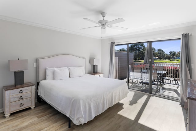 bedroom featuring ceiling fan, wood-type flooring, ornamental molding, and access to outside