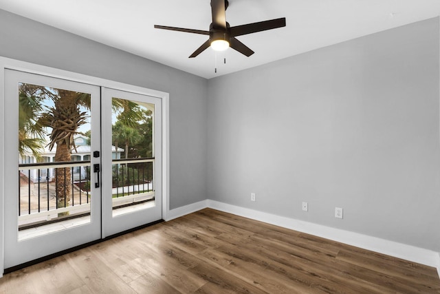 interior space with ceiling fan, french doors, and light wood-type flooring