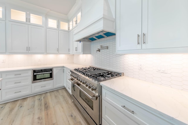 kitchen with white cabinets, light hardwood / wood-style flooring, decorative backsplash, custom range hood, and stainless steel appliances