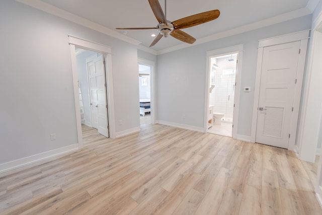 unfurnished room featuring ceiling fan, light hardwood / wood-style flooring, and ornamental molding