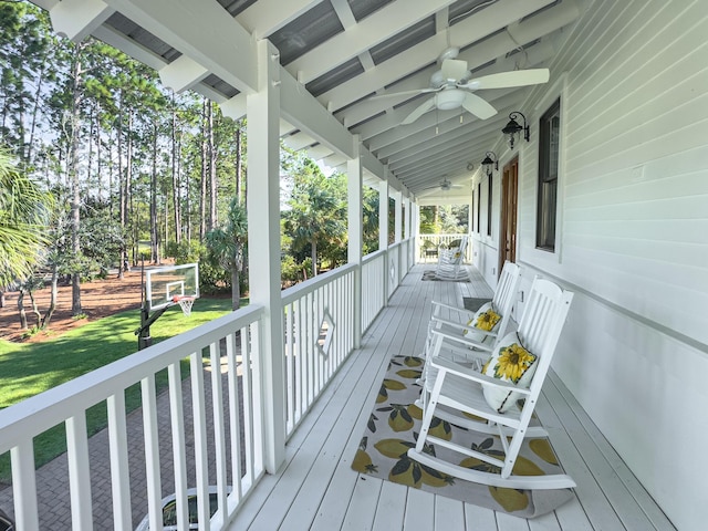 wooden deck with ceiling fan and covered porch