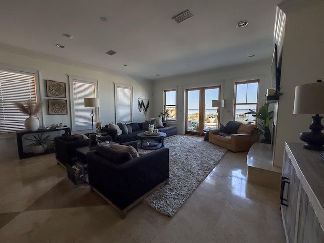 living room with crown molding