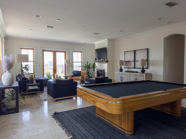 game room with ornamental molding and billiards