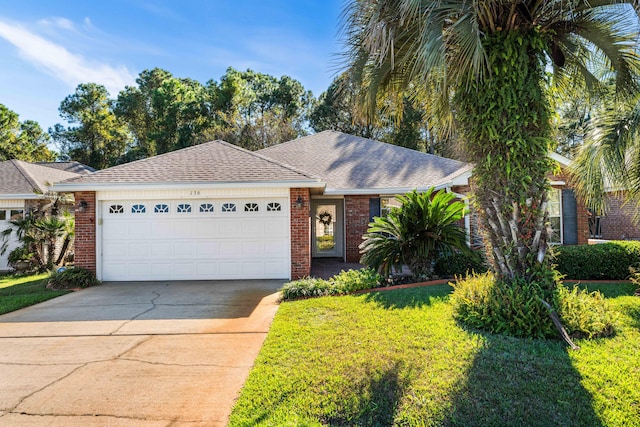 ranch-style home with a front lawn and a garage