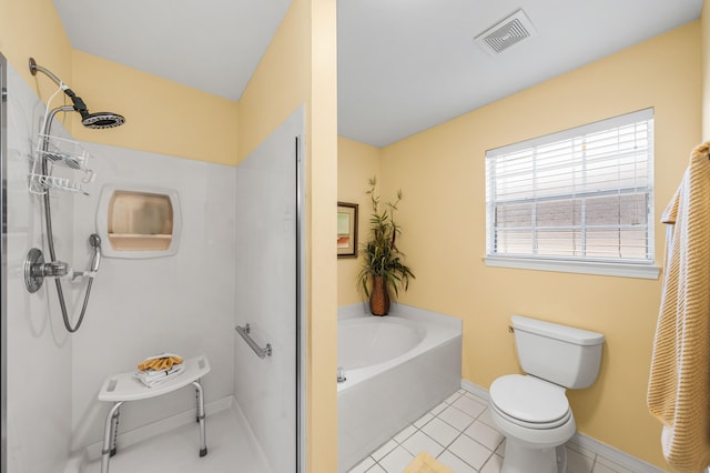 bathroom with tile patterned flooring, separate shower and tub, and toilet