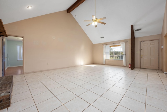 unfurnished living room featuring beamed ceiling, ceiling fan, light tile patterned floors, and high vaulted ceiling