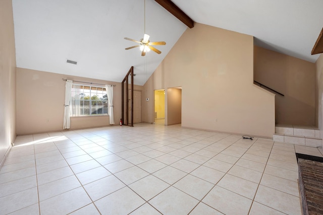 unfurnished living room with ceiling fan, high vaulted ceiling, and light tile patterned flooring