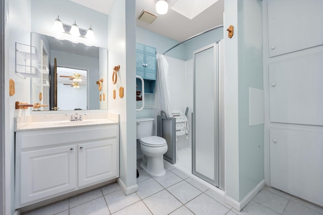 bathroom with tile patterned flooring, a shower, vanity, and ceiling fan