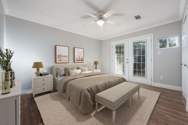 bedroom featuring french doors, a textured ceiling, access to outside, ceiling fan, and dark hardwood / wood-style floors