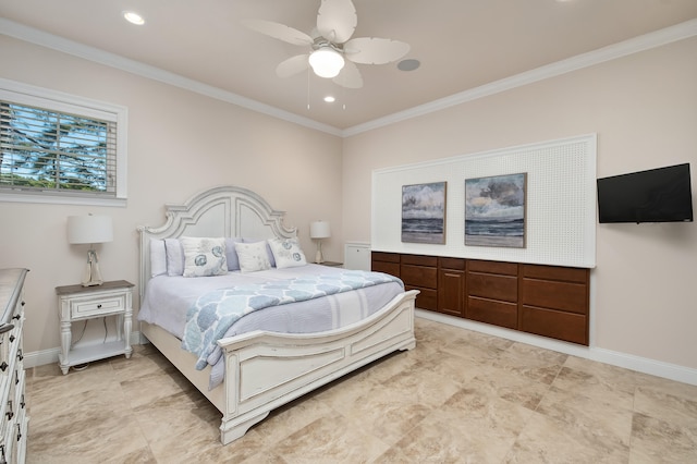 bedroom with ceiling fan and crown molding