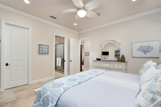 bedroom with ceiling fan and crown molding