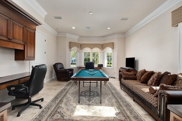 rec room with built in desk, crown molding, and billiards