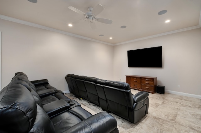 cinema featuring crown molding and ceiling fan